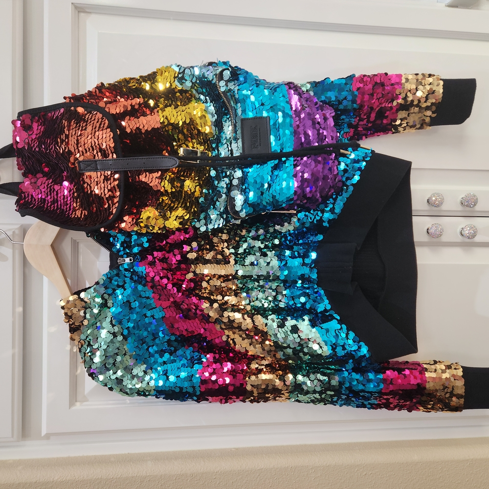 THIS IS A SET!!! 2012 Victoria's Secret PINK Multicolor Sequin Jacket & Backpack